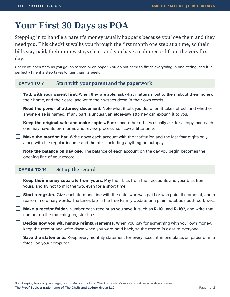 First page of the First 30 Days as POA checklist