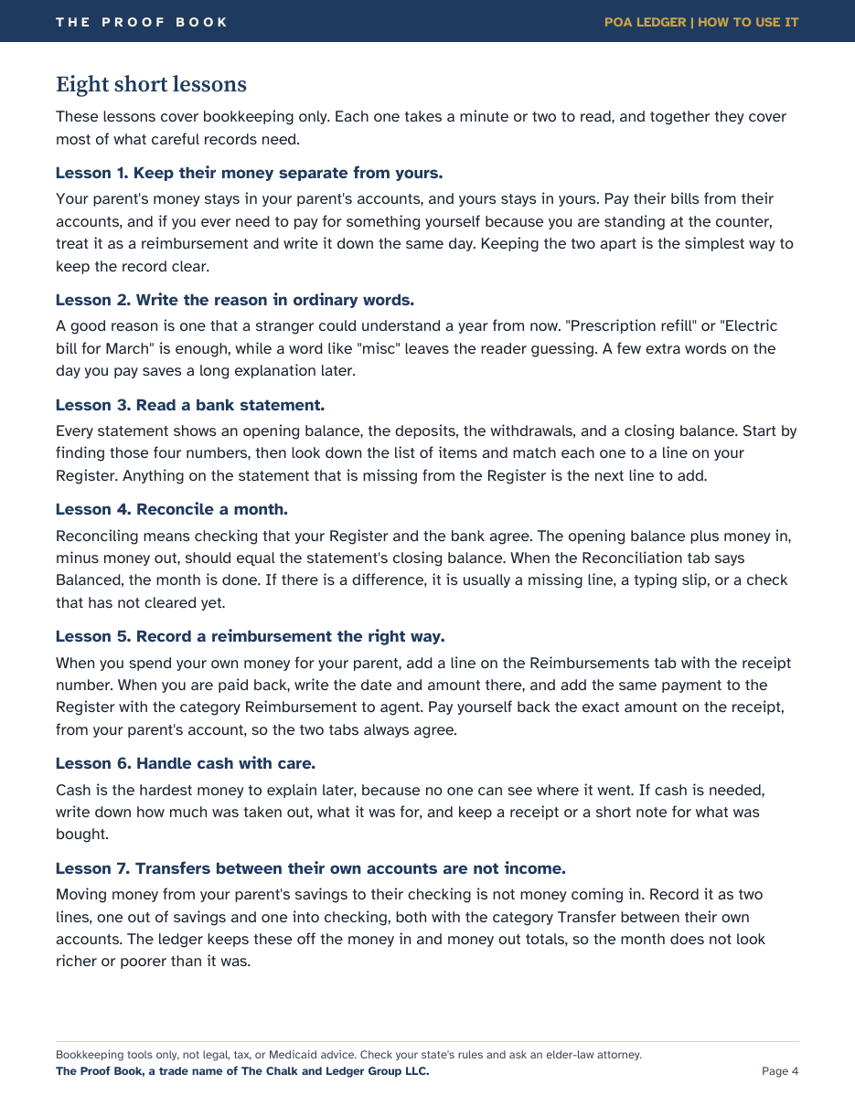 A page of the How to Use guide showing written bookkeeping lessons