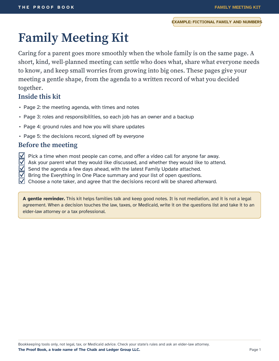 The first page of the kit, filled in for a fictional family.
